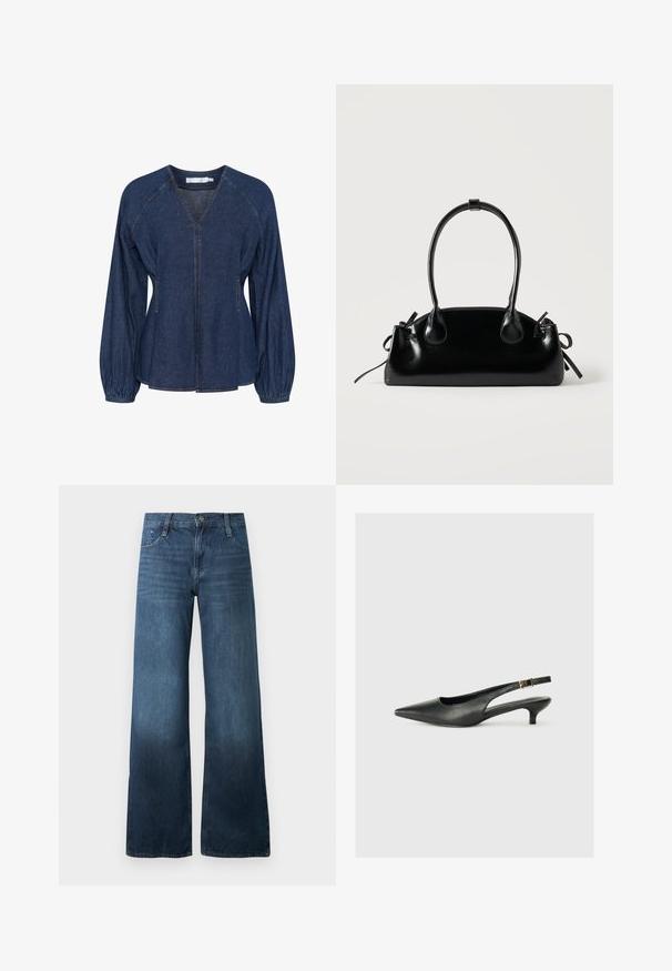Blouse en denim bleu foncé avec un col en V, des manches raglan, des poignets élastiques et des poches latérales. Présente des coutures contrastantes partout.; Jeans larges bleu foncé en denim, dotés d'une taille haute, d'un design à cinq poches et d'un léger délavage à l'ourlet. Fermeture classique par bouton.; Chaussure slingback noire à bout pointu en cuir lisse. Présente un talon fin et un détail de boucle sur la sangle réglable.; Petit sac à main noir brillant avec deux longues anses et des détails à cordon sur les côtés sur un fond clair uni.