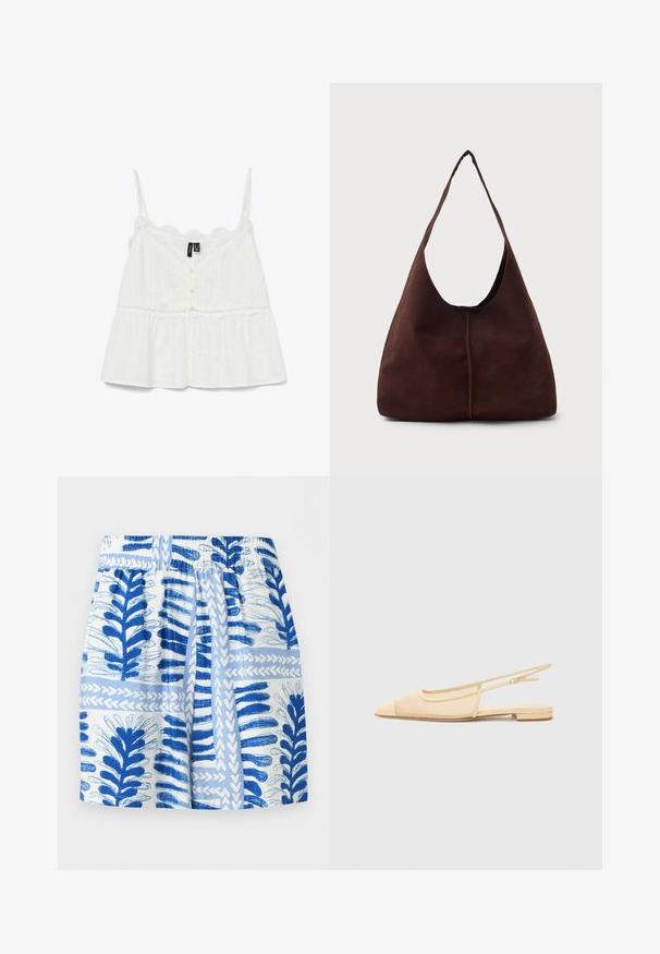 Blouse blanche sans manches avec des accents en dentelle, fermeture à boutons et design peplum. Tissu texturé avec des rayures verticales et encolure festonnée.; Short à taille élastique avec des motifs abstraits de feuilles et de cœurs bleus et blancs sur un fond clair.; Chaussure plate slingback en beige clair avec une tige en maille, un bout pointu et un petit talon. Dotée d'une sangle ajustable pour un bon maintien.; Sac hobo en daim marron avec une grande ouverture courbée et une large bandoulière. Présente une couture centrée à l'avant. Texture lisse.
