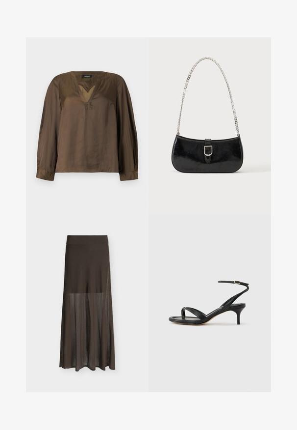 Long-sleeve brown satin blouse with V-neckline, buttoned cuffs, and subtle stitching details on collar and chest.; Brown semi-sheer maxi skirt with fitted waist and flowing pleated fabric against a plain light background.; Black leather women's sandal with thin straps, a toe loop, ankle buckle, and a mid-height stiletto heel on a neutral background.; Black patent leather shoulder bag with silver buckle detail and a silver chain strap, displayed against a plain light background.