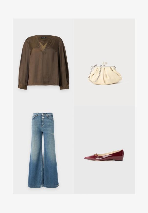 Long-sleeve brown satin blouse with V-neckline, buttoned cuffs, and subtle stitching details on collar and chest.; CLOSED GLOW UP - Wide Leg - mid blue; Burgundy patent leather flats with a pointed toe, featuring a small cutout detail and a low heel. Smooth texture and sleek design.; Pleated beige leather clutch with a silver metal frame, featuring two round decorative clasps and a silver chain strap.
