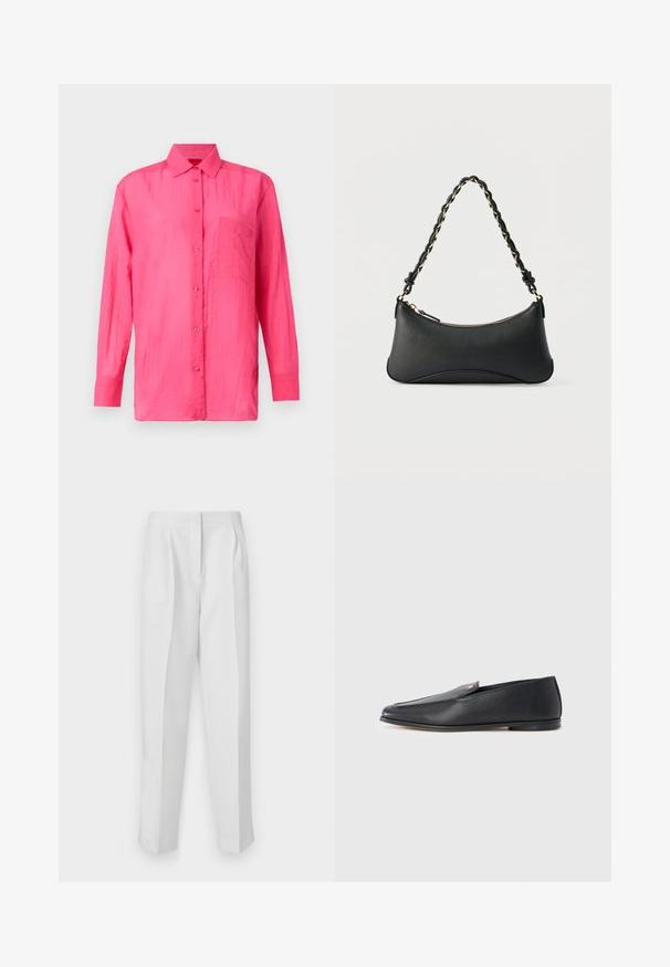 Camisa de manga larga y botones en color rosa brillante, hecha de un material ligero. Presenta un bolsillo en el pecho y un acabado de tela texturizada.; Pantalones blancos a medida con corte recto, que cuentan con pinzas en la parte delantera, dos bolsillos laterales y una cinturilla limpia para un aspecto pulido.; Mocasines de cuero negro con textura suave, punta redondeada y detalles de costura sutiles. Presentan un acento de logo dorado en el lateral superior.; Bolso de hombro de cuero negro con forma rectangular curvada, cadena dorada entrelazada en una correa negra trenzada y cierre superior con cremallera.