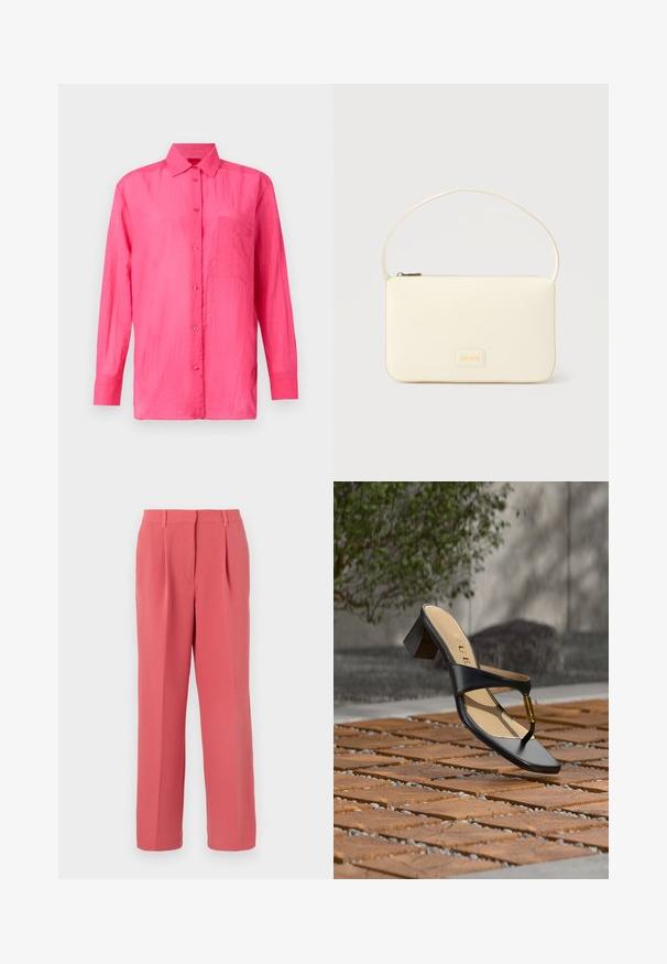 Langarm-Hemd mit Knopfleiste in leuchtendem Pink, aus leichtem Material gefertigt. Verfügt über eine Brusttasche und eine strukturierte Stoffoberfläche.; Korallenrote, hoch taillierte Maßhose mit Vorderfalten, Gürtelschlaufen und geraden Beinen vor einem schlichten hellen Hintergrund.; Schwarze Sandalette mit Absatz, Zehenschlaufe und goldenem Akzent, auf einer Holz- und Steinpflasteroberfläche im Freien nahe Grünflächen platziert.; Rechteckige Handtasche in Cremefarbe mit einem einzelnen Trageriemen und Reißverschluss oben, ausgestattet mit einer kleinen, geprägten Logoplakette vorne.