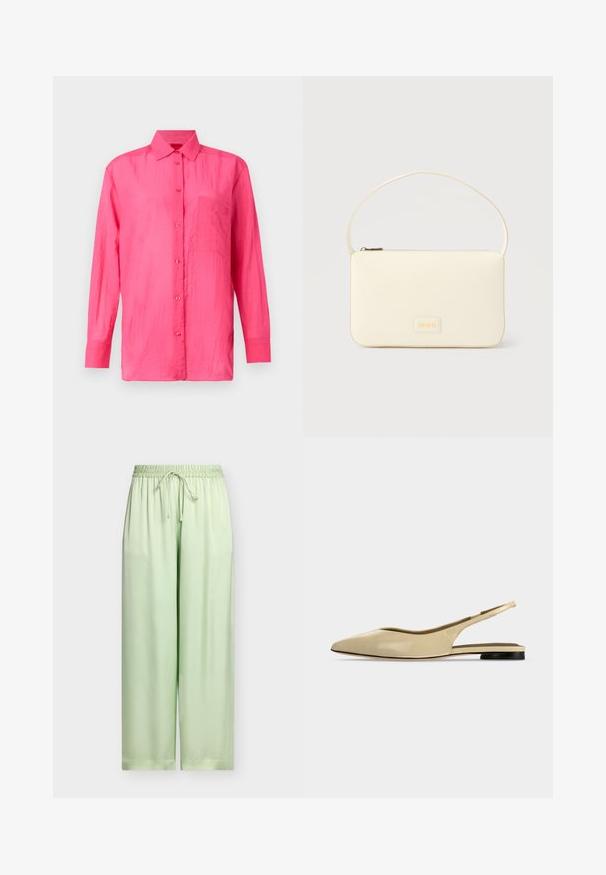 Camisa de manga larga y botones en color rosa brillante, hecha de un material ligero. Presenta un bolsillo en el pecho y un acabado de tela texturizada.; Pantalones anchos de pierna ancha de color verde claro con cinturilla elástica y cordón ajustable, hechos de tela suave, mostrados sobre un fondo liso.; Zapato plano beige con puntera puntiaguda, diseño slingback, tacón bajo negro y acabado en cuero liso, mostrado de perfil sobre un fondo liso.; Bolso rectangular color crema con una sola correa y cremallera superior, con una pequeña placa de logotipo en relieve en el frente.
