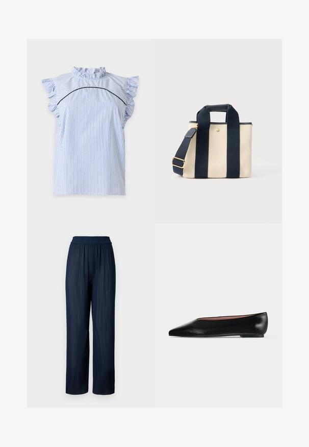 Blouse sans manches bleu clair à rayures verticales bleu marine, col haut à volants, manches papillon et bordure noire incurvée sur la poitrine.; Pantalons large en navy fabriqués en tissu plissé, avec une taille élastique et une texture douce, conçus pour le confort et la liberté de mouvement.; Chaussure plate en cuir noir pour femme, avec bout pointu et petit talon, vue de côté sur un fond gris clair uni.; Petit sac fourre-tout beige en toile avec deux larges sangles verticales noires, une poignée courte et une bandoulière réglable avec boucle dorée.