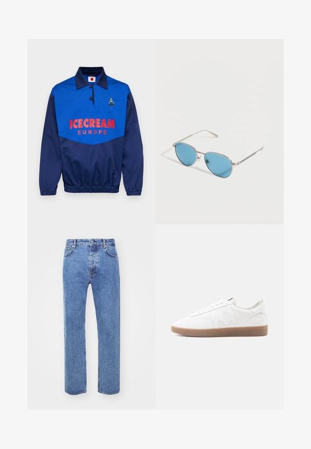 Marineblå pullover i polyesterblanding med kravedesign, der har et stort rødt tryk "ICECREAM EUROPE" og en broderet grafik.; Won Hundred STEVE - Jeans Relaxed Fit - cut blue; Hvid lav sneaker med gummisål i naturfarve, syninger og snørebånd på neutral baggrund.; Solbriller med sølvfarvet metalramme med runde blåtonede linser og slanke stænger på hvid baggrund.