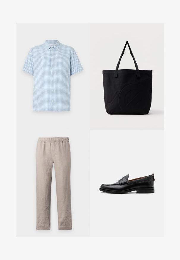 Chemise à manches courtes bleu clair et blanc avec petit motif à carreaux et col classique sur fond blanc.; Pantalons en lin beige clair avec une taille élastique, coupe droite et sans poches visibles. Texture lisse avec de légères rides.; Mocassin homme en cuir noir avec couture moc toe, bride penny, col texturé et petit talon empilé sur fond blanc.; Sac fourre-tout en toile noire avec deux bandoulières et un motif circulaire discret en relief sur le devant.