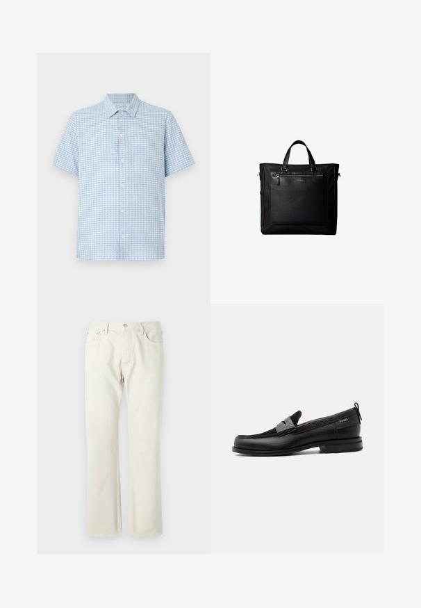 Chemise à manches courtes bleu clair et blanc avec petit motif à carreaux et col classique sur fond blanc.; Jean droit en denim léger beige, fabriqué en coton. Comprend des poches, une fermeture à bouton classique, et une texture subtile sans motifs.; Mocassin en cuir noir avec détail de bride grise, talon bas et semelle texturée, marqué "HUGO" en or sur le côté.; Sac cabas noir avec doubles poignées, grande poche avant en cuir avec fermeture éclair et logo discret Calvin Klein au centre de la poche.