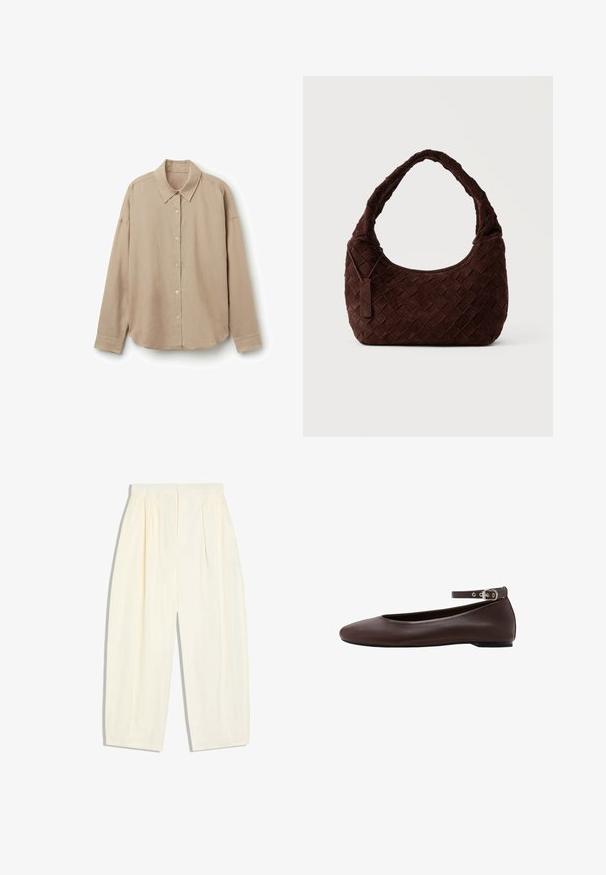 Beige langærmet skjorte lavet af letvægtsstof, med krave, knaplukning foran og afrundet kant. Glat tekstur, afslappet pasform.; Løse bukser i cremefarve med elastisk talje og plisseringer, forkortet længde og uden synlige lukninger.; Mørkebrune flade sko med rund tå og justerbar ankelrem med sølvspænde på hvid baggrund.; Mørkebrun vævet skuldertaske i læder med blød, afrundet form og bred hank, med et lille fastgjort lædermærke.