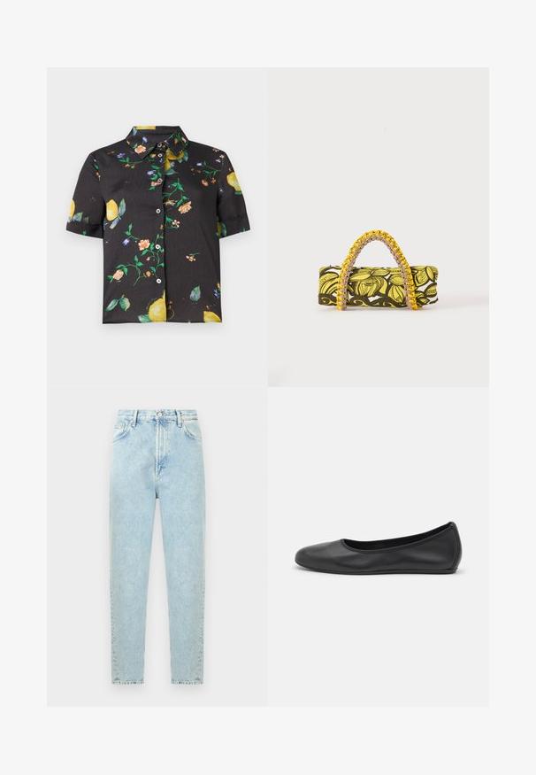 Chemise noire à manches courtes avec col, ornée d'un motif coloré de fleurs et de citrons.; Jean en denim bleu clair taille haute avec bouton et fermeture éclair à l'avant, poches avant et arrière, présenté sur un fond blanc.; Ballerines en cuir noir avec un bout rond, texture lisse, détails de couture minimalistes et design de semelle flexible.; Sac rectangulaire avec motif floral jaune et noir et anse tressée jaune et rose sur fond blanc.