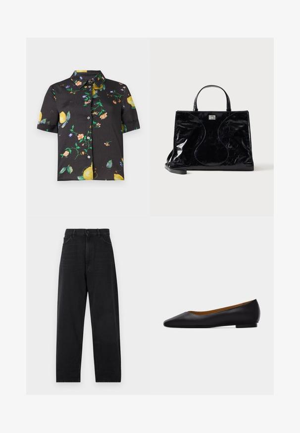 Chemise noire à manches courtes avec col, ornée d'un motif coloré de fleurs et de citrons.; Jean en denim noir avec une taille haute, coupe droite, fermeture à bouton et style classique à cinq poches. Texture lisse avec des coutures discrètes.; Chaussure plate en cuir noir à bout pointu avec talon bas et finition lisse, vue de côté sur un fond gris clair.; Sac à main en cuir noir brillant avec poignées courtes, bandoulière amovible et détails de couture discrètement courbés à l’avant.