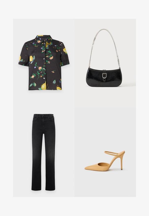 Chemise noire à manches courtes avec col, ornée d'un motif coloré de fleurs et de citrons.; Jeans droits noirs en denim. Dotés d'un design classique à cinq poches, avec une fermeture éclair et un bouton. Texture lisse.; Chaussure à talon aiguille beige à bout pointu avec une fine bride de cheville sur fond blanc.; Sac à épaule en cuir verni noir avec détail de boucle argentée et bandoulière en chaîne argentée, présenté sur un fond uni clair.