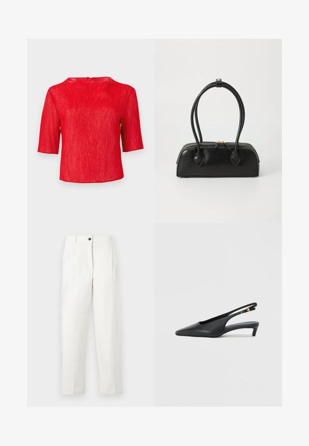 Blouse rouge texturée à manches courtes avec un col rond et une coupe légèrement ample sur un fond uni.; Pantalon blanc taille haute à coupe ajustée, avec plis, fermeture avant par boutons, et jambes droites. Confectionné en tissu lisse.; Des escarpins à talon ouvert noirs avec un bout pointu, une texture en cuir lisse, un petit talon aiguille, et une sangle avec un accent de boucle en métal.; Sac à main en cuir noir avec deux anses allongées, fermeture éclair et forme arrondie ; texture lisse avec une finition légèrement brillante.
