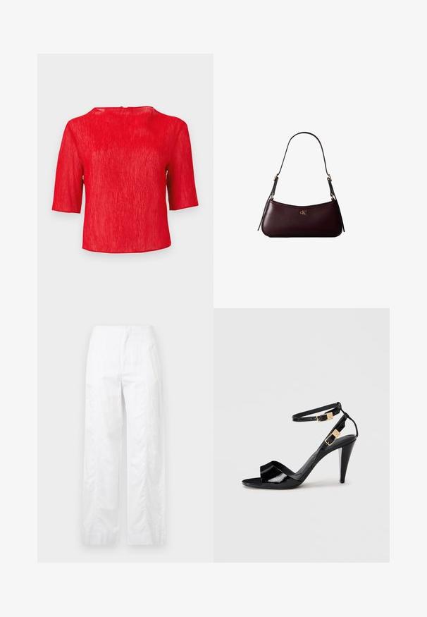 Blouse rouge texturée à manches courtes avec un col rond et une coupe légèrement ample sur un fond uni.; Pantalons larges blancs en tissu léger, présentant une texture lisse, des lignes épurées et une taille haute.; Sandale à talon haut en cuir verni noir avec double bride de cheville et boucles dorées, bout ouvert, et talon effilé sur fond neutre.; Sac à main en cuir bordeaux foncé avec une fine sangle d'épaule noire et un petit logo doré "cK" au centre devant.