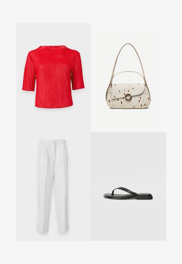 Blouse rouge texturée à manches courtes avec un col rond et une coupe légèrement ample sur un fond uni.; Pantalons blancs ajustés à coupe droite, avec des plis avant, deux poches latérales et une taille épurée pour un look soigné.; Tongs noires en cuir lisse, avec un design de sangle fine et une semelle plate à profil minimal. Aucun motif ou accent notables.; Sac à main couleur crème avec des taches marron, rabat incurvé avec une fermeture métallique circulaire, doté de deux fines anses, dont une plus longue pour porter à l'épaule.