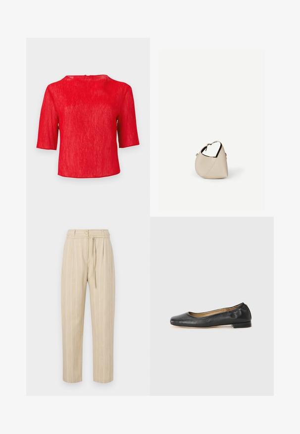 Blouse rouge texturée à manches courtes avec un col rond et une coupe légèrement ample sur un fond uni.; Pantalon beige à rayures avec une coupe décontractée, présentant une taille cintrée, une fermeture à bouton et une ceinture à nouer, fabriqué à partir d'un tissu léger.; Ballerines en cuir noir avec un bout arrondi et des coutures minimales. Talon bas et rectangulaire avec une texture lisse. Détails subtils de doublure intérieure.; Sac à main en cuir beige en forme de croissant avec une seule bandoulière et des coutures minimalistes, posé sur un fond blanc uni.
