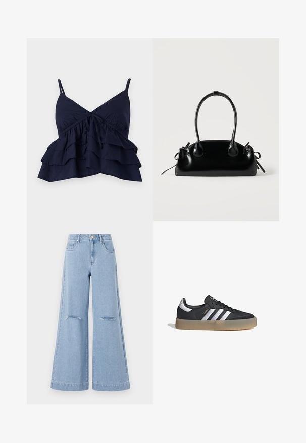 Top de tela azul marino con tirantes finos ajustables, que presenta un escote fruncido y tres capas de volantes en el dobladillo.; Jeans de pernera ancha de color azul claro con una cintura alta, que cuentan con dos bolsillos frontales y dos detalles de rodillas rasgadas, elaborados en material de denim.; Zapatilla deportiva de cuero negro con tres rayas plateadas, punta texturizada y suela de goma. Cuenta con un collar acolchado y un diseño con cordones.; Pequeño bolso negro brillante con dos asas largas y detalles de cordón lateral sobre un fondo claro liso.