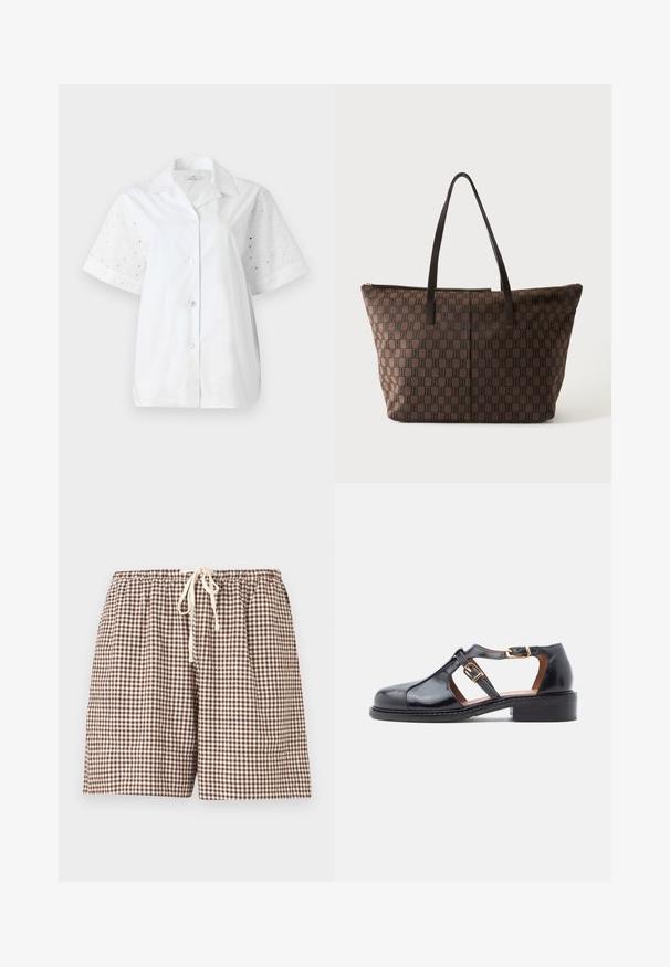 Chemise blanche à manches courtes avec un devant à boutons. Le corps principal est en tissu uni, tandis que les manches présentent un design à œillets floraux.; Shorts à carreaux vichy marron et blanc avec taille élastique et cordon blanc à nouer à l'avant, présentés sur un fond uni.; Chaussure en cuir verni noir avec bride en T, boucles dorées, côtés ouverts, bout arrondi et petit talon carré.; Sac cabas marron avec motif en damier foncé et fines bretelles d'épaule foncées, forme rectangulaire avec fermeture éclair sur le dessus.