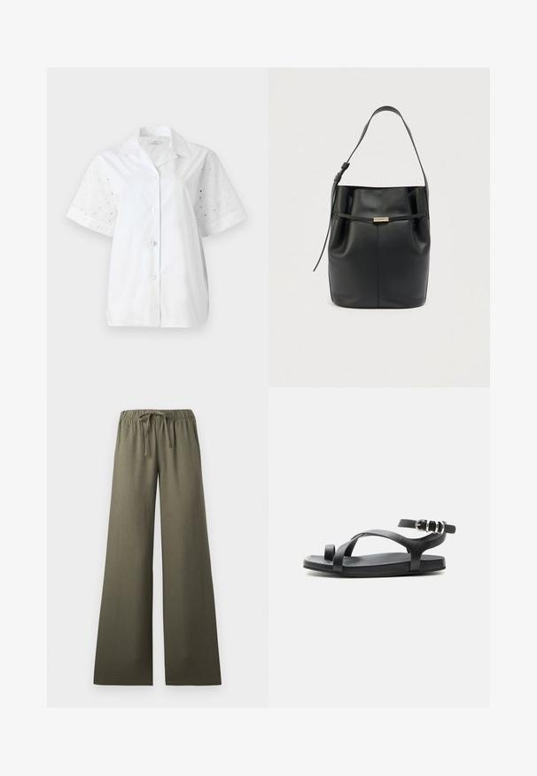 Chemise blanche à manches courtes avec un devant à boutons. Le corps principal est en tissu uni, tandis que les manches présentent un design à œillets floraux.; Pantalon ample couleur vert olive avec taille élastique et lien à nouer, vue de face sur un fond uni.; Sandale plate noire avec une fine boucle d'orteil, des brides croisées et une bride de cheville ajustable avec boucle argentée, présentée sur un fond uni.; Sac seau en cuir noir avec bandoulière ajustable et une fine ceinture horizontale avec boucle ton or à l'avant.