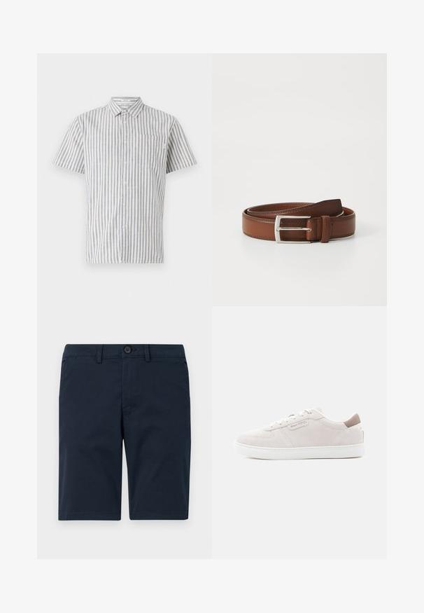 Chemise à manches courtes à boutons en rayures verticales blanches et bleues, avec une poche poitrine et un col classique. Tissu en mélange de coton.; Shorts bleu marine en tissu mélangé coton, dotés d'une fermeture à bouton, de passants de ceinture et d'un ourlet droit avec un minimum de détails.; Baskets en daim rose clair avec une semelle en caoutchouc blanche, présentant un design cousu et un petit détail de logo sur le côté et le talon arrière.; Ceinture en cuir brun au fini lisse, avec une boucle en métal argenté et une couture subtile le long des bords. Design classique et durable.