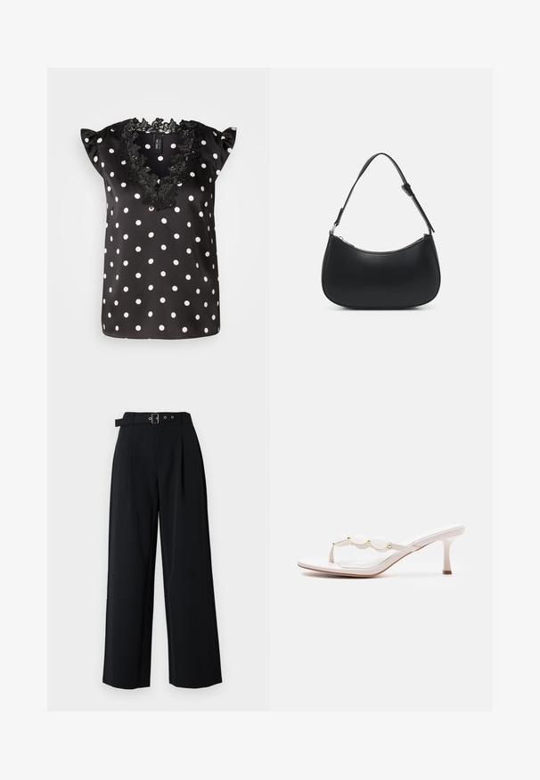 Blouse noire à pois blancs, avec des manches courtes à volants et un col en dentelle noire à bords festonnés. Matière en satin lisse.; Pantalon noir à jambes larges avec plis, doté d'une ceinture avec une boucle en métal et de doubles passants. Tissu lisse avec un design épuré.; Sandale blanche à talon avec bride en lanière, trois éléments décoratifs ronds et un talon fin de hauteur moyenne sur un fond uni.; Pieces PCALUANA SHOULDER BAG - Sac à main - black