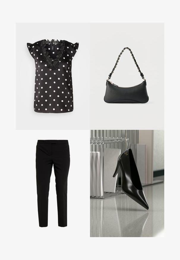 Blouse noire à pois blancs, avec des manches courtes à volants et un col en dentelle noire à bords festonnés. Matière en satin lisse.; Pantalons noirs teintés en tissu lisse, avec une taille plate, des poches latérales et une silhouette épurée. Sans fermetures visibles.; Chaussure noire à talon haut avec bout pointu et logo doré, posée sur une surface réfléchissante près d'un organiseur de dossiers en fil chromé contenant des documents.; Sac à bandoulière en cuir noir de forme rectangulaire incurvée, avec une chaîne dorée tissée dans la bandoulière noire tressée et une fermeture éclair sur le dessus.
