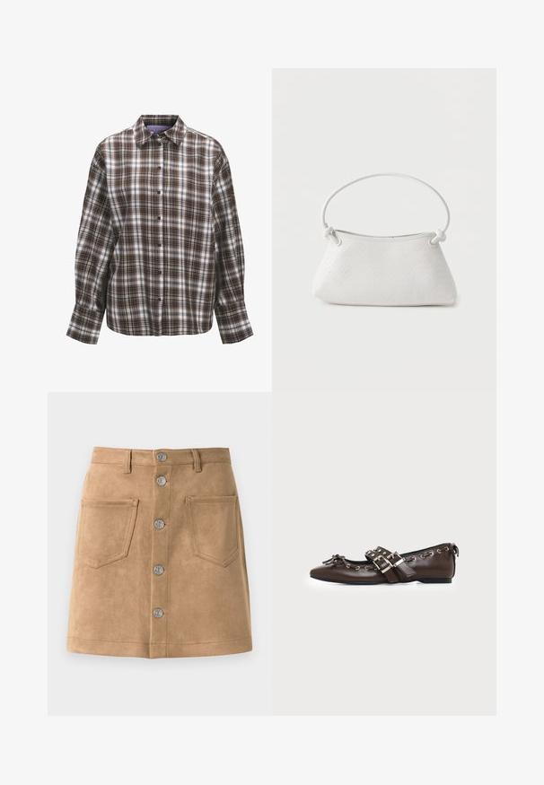 Langærmet skjorte med knapper, brun, sort og hvid ternet mønster og klassisk krave på hvid baggrund.; Tan suede nederdel med en tætsiddende form, fem metalliske frontknapper og to forlommer, der har en glat tekstur og rene kanter.; Mørkebrune lædersko med flad sål og spids snude, dobbelt sølvsnørrebånd, metaløjer og dekorativ sløjfe foran.; Hvid fletlæderhåndtaske med afrundet håndtag og ender på remmen, der er knyttet, vist mod en ensfarvet baggrund.