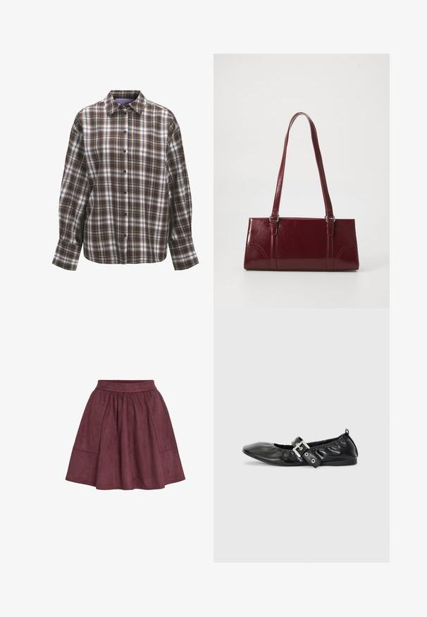 Langærmet skjorte med knapper, brun, sort og hvid ternet mønster og klassisk krave på hvid baggrund.; Bordeaux ruskindsnederdel med en flagrende form, elastisk talje og to sidelommer, der har en blød tekstur og minimalistisk design.; Sorte læder flade sko med spids tå, samling detaljer omkring åbningen, og en sølv spænde accent på den justerbare rem.; Bordeaux håndtaske lavet af glansfuldt materiale, rektangulær form, med to skulderremme og subtile buede detaljer på forsiden.