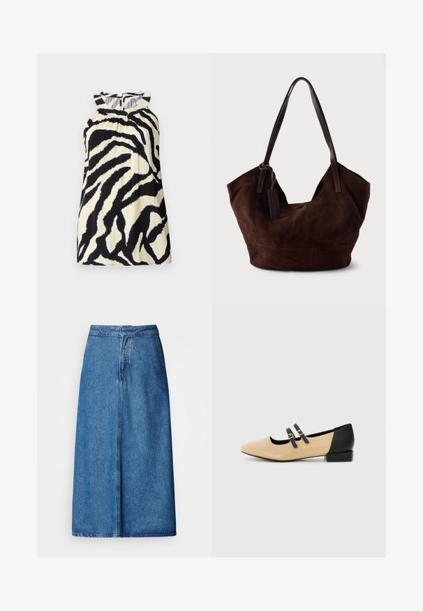 Zwart en crèmekleurig mouwloos top met een zebra print ontwerp, met geplooide details bij de halslijn en een knoopsluiting aan de achterkant.; Denim midi-rok met een ontspannen pasvorm, voorzien van een hoge taille, rafelige zoom en een effen blauwe kleur. Eenvoudig ontwerp zonder zichtbare versieringen.; Beige leren platte schoen met een spitse neus, een zwarte hak en twee zwarte banden over de bovenkant. Eenvoudig ontwerp met een matte textuur.; Bruine suède handtas met een zachte, slungelige vorm. Voorzien van leren handvatten en een tagaccent. Eenvoudige textuur met gebogen naden.