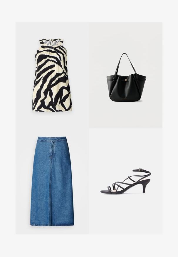 Sort og creme ærmeløs top med et zebra-print design, der har sammensyninger ved halsudskæringen og en knaplukning bagpå.; Denim midi-nederdel med afslappet pasform, høj talje, frynset kant og ensfarvet blå. Enkel design uden synlige udsmykninger.; Sort damesandal med stropper, lav lillehæl og ankelstrop med spænde på en ensfarvet lys baggrund.; Sort læder-tote taske med to skulderremme, en lille guldlås og "Anna Field" logo på en hvid baggrund.