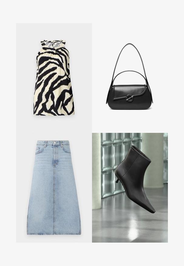 Sort og creme ærmeløs top med et zebra-print design, der har sammensyninger ved halsudskæringen og en knaplukning bagpå.; Lyseblå denim midi-nederdel med for-trykknap og lynlås, sidelommer og bæltestropper, præsenteret på en hvid baggrund.; Sort læderankelstøvle med spids tå og lille hæl vist mod en væg af glasblokke og poleret gulv baggrund.; Sort skuldertaske i læder med en buet klap, der er fastgjort med en rund metal spænde, og en slank, justerbar rem.