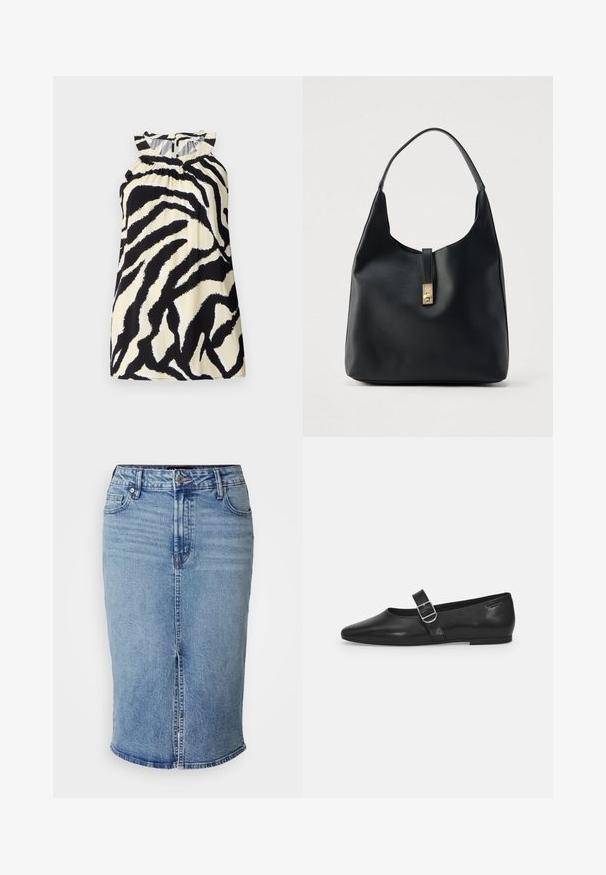 Zwart en crèmekleurig mouwloos top met een zebra print ontwerp, met geplooide details bij de halslijn en een knoopsluiting aan de achterkant.; Lichtblauwe denim kokerrok met een voorsplit, vijf zakken en een knoopsluiting in de taille. Normale lengte, gladde textuur.; Zwarte leren platte schoen met een ronde neus, een enkele verstelbare gespsluiting en een gladde, glanzende textuur. Minimalistisch ontwerp met een lage hak.; Zwarte leren hobo-tas met een gestructureerde afwerking, voorzien van een gouden sluiting en een enkele gebogen handgreep om over de schouder te dragen.