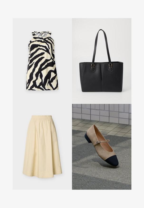 Zwart en crèmekleurig mouwloos top met een zebra print ontwerp, met geplooide details bij de halslijn en een knoopsluiting aan de achterkant.; Crèmekleurige midi-rok met elastische tailleband en uitlopende A-lijn silhouet, weergegeven op een effen achtergrond.; Beige suède Mary Jane-schoen met zwarte, afgeronde neuskap en een klein gespbandje, geplaatst op een geplaveide buitenoppervlakte.; Zwarte neplederen tote bag met een gestructureerde afwerking, twee lange handvatten en goudkleurige hardware-accenten aan de zijkant. Rechthoekige vorm.
