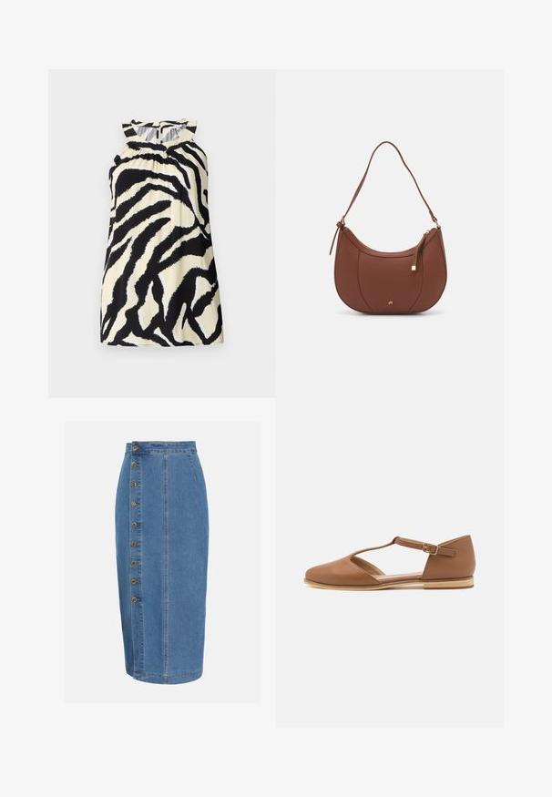 Zwart en crèmekleurig mouwloos top met een zebra print ontwerp, met geplooide details bij de halslijn en een knoopsluiting aan de achterkant.; Blauwe denim midi rok met hoge taille, een zijsluiting met acht metalen knopen en verticale naaddetails.; Bruine leren platte schoen met een uitsnijd ontwerp, enkelbandje en een lichte houten zool. Beschikt over een ronde neus en een gladde textuur.; Bruine faux leren schoudertas met een gebogen vorm, minimale stiksels en een gouden hardware-accent. Voorzien van een bovenste ritsluiting en een verstelbare schouderband.