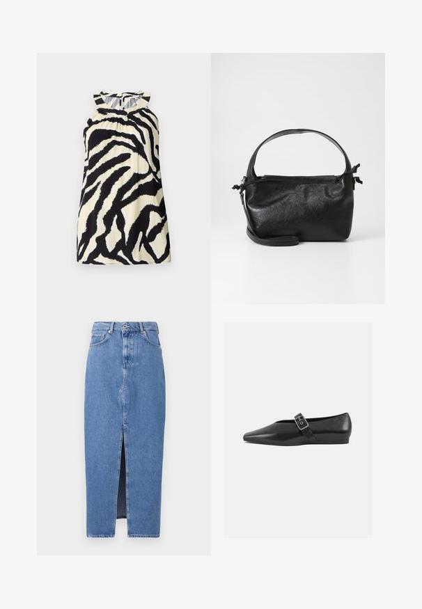 Sort og creme ærmeløs top med et zebra-print design, der har sammensyninger ved halsudskæringen og en knaplukning bagpå.; Lyseblå denim midi-nederdel med en frontslids, klassisk fem-lomme design og lukning med topknap. Stoffet har en let struktur.; Sorte læder flade sko med spidse tæer, prydet med en metallisk spænde over vristen og en lav, fleksibel sål.; Sort læderhåndtaske med et struktureret design, rund tophåndtag og aftagelig skulderrem. Den har en glat tekstur og en subtil glans.