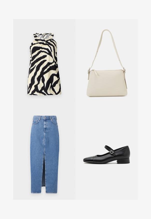 Zwart en crèmekleurig mouwloos top met een zebra print ontwerp, met geplooide details bij de halslijn en een knoopsluiting aan de achterkant.; Lichtblauwe denim midi-jurk met een voorkant split, klassieke vijf zakken ontwerp en sluiting met bovenste knoop. De stof heeft een lichte textuur.; Zwarte leren Mary Jane schoenen met een gepatenteerde neus, verstelbare enkelband en lage blokhak. Een gladde textuur en een elegante uitstraling.; Beige schoudertas van glad leer met een ritsluiting. Kenmerkt zich door een eenvoudig ontwerp, een slanke schouderband en metalen hardwareaccenten.