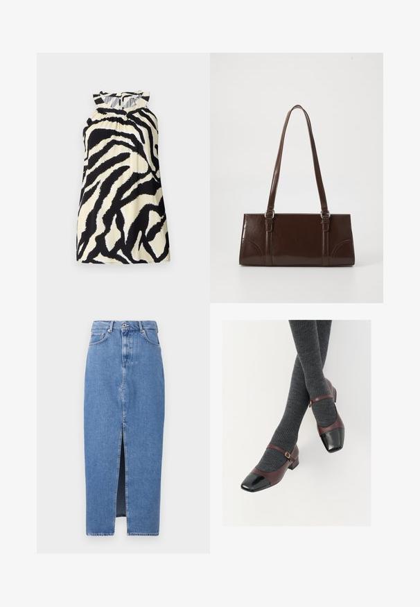 Zwart en crèmekleurig mouwloos top met een zebra print ontwerp, met geplooide details bij de halslijn en een knoopsluiting aan de achterkant.; Lichtblauwe denim midi-jurk met een voorkant split, klassieke vijf zakken ontwerp en sluiting met bovenste knoop. De stof heeft een lichte textuur.; Bordeaux leren Mary Jane-schoenen met een zwarte laktoecap en dunne enkelband; gedragen met donkergrijze geribde sokken. Lage blokhak.; Bruine lakleren handtas met een rechthoekige vorm, twee lange handvatten en subtiele gebogen accenten aan de voorkant.