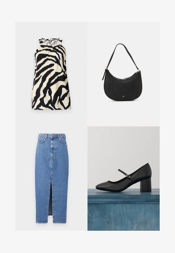 Zwart en crèmekleurig mouwloos top met een zebra print ontwerp, met geplooide details bij de halslijn en een knoopsluiting aan de achterkant.; Lichtblauwe denim midi-jurk met een voorkant split, klassieke vijf zakken ontwerp en sluiting met bovenste knoop. De stof heeft een lichte textuur.; Zwarte Mary Jane-schoen met blokhak en gouden gesp, zwevend boven een gladde betonnen vloer in een minimalistische binnenomgeving.; Zwarte leren handtas met een gebogen vorm, textuuroppervlak, voornaden en een logo in goudkleur. Beschikt over een enkele verstelbare schouderband.