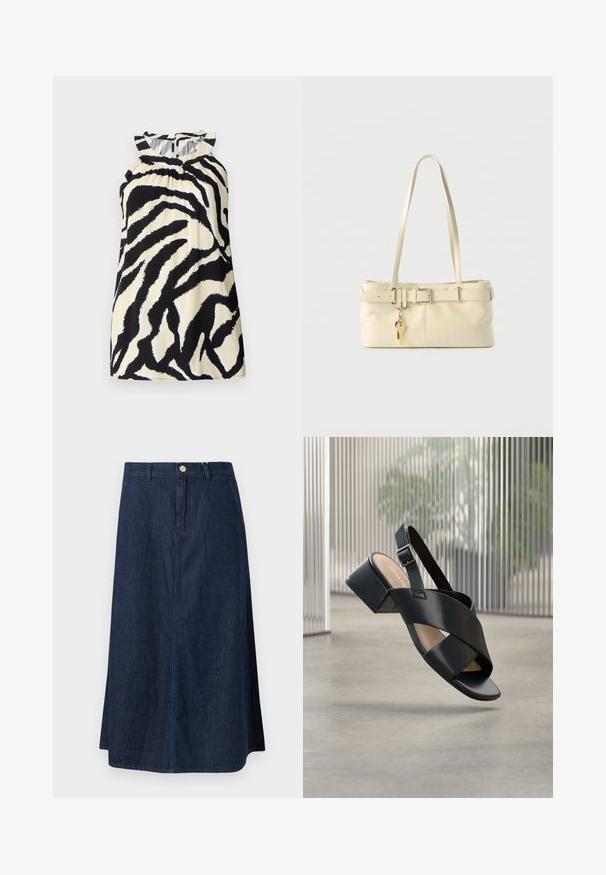 Zwart en crèmekleurig mouwloos top met een zebra print ontwerp, met geplooide details bij de halslijn en een knoopsluiting aan de achterkant.; Donkerblauwe denim midi-rok met een rechte snit, knoopsluiting aan de voorkant en subtiele stikseldetails langs de naden.; Zwarte leren sandaal met open teen, gekruiste riemen en een zilveren gesp, zwevend boven een gladde betonnen vloer met een verticale streepjesachtergrond.; Crèmekleurige leren schoudertas met een riemdetail aan de bovenkant en twee metalen sleutels die aan de voorkant hangen.