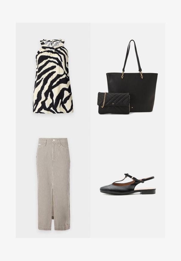 Haut sans manches noir et crème avec un motif zèbre, présentant des détails froncés au niveau de l'encolure et une fermeture à bouton au dos.; Jupe midi rayée en beige clair et marron foncé, fabriquée en coton, avec une fente sur le devant et des passants de ceinture. Design classique et coupe ajustée.; Chaussure plate slingback en cuir noir avec bride en T et boucle dorée sur fond neutre.; Sac fourre-tout en simili cuir noir avec deux poignées robustes et des accents dorés, associé à une petite pochette noire matelassée avec une chaîne.