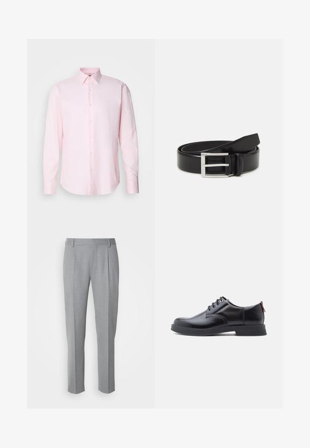Camisa de manga larga de color rosa claro, confeccionada en tejido texturizado, con cuello estándar y cierre de botones en la parte delantera.; Pantalones grises a medida con una textura suave, que cuentan con un frente plano, piernas rectas y pliegues sutiles para un detalle adicional.; Zapatos de piel negra con cordones, textura lisa, puntera redondeada y detalles sutiles de costura. Cuentan con una lengüeta roja en el talón.; Cinturón de cuero negro con un acabado brillante; cuenta con una hebilla de metal plateado con un diseño de marco rectangular y bordes suaves.