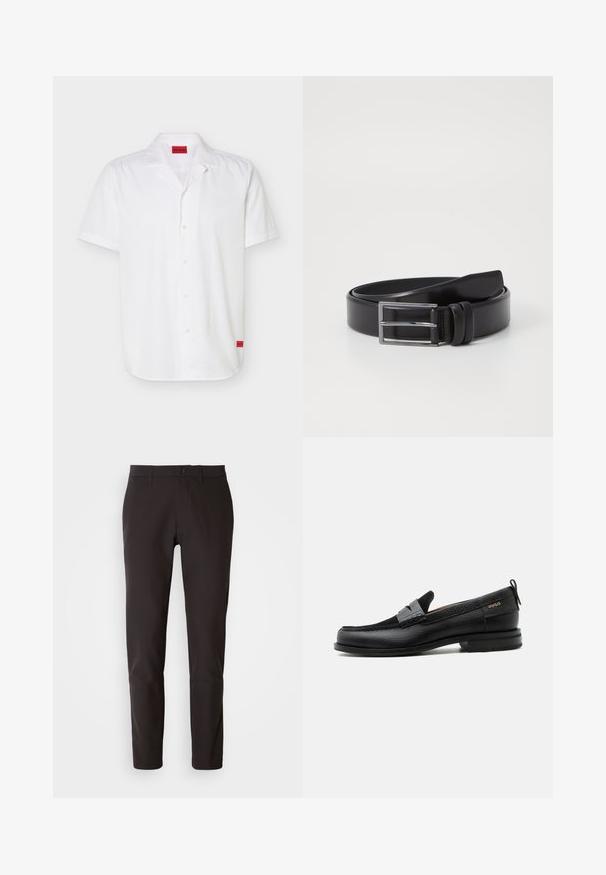 Chemise blanche à manches courtes avec col camp, dotée d'étiquettes rouges du logo Hugo à l'intérieur du col et à l'ourlet inférieur.; Pantalons noirs en tissu lisse, à coupe droite, avec une taille standard dotée d'une fermeture à bouton, sans poches ni motifs visibles.; Mocassin en cuir noir avec détail de bride grise, talon bas et semelle texturée, marqué "HUGO" en or sur le côté.; Ceinture en cuir noir au toucher lisse, dotée d'une boucle rectangulaire en argent et d'un double détail de broche. Design classique et polyvalent.