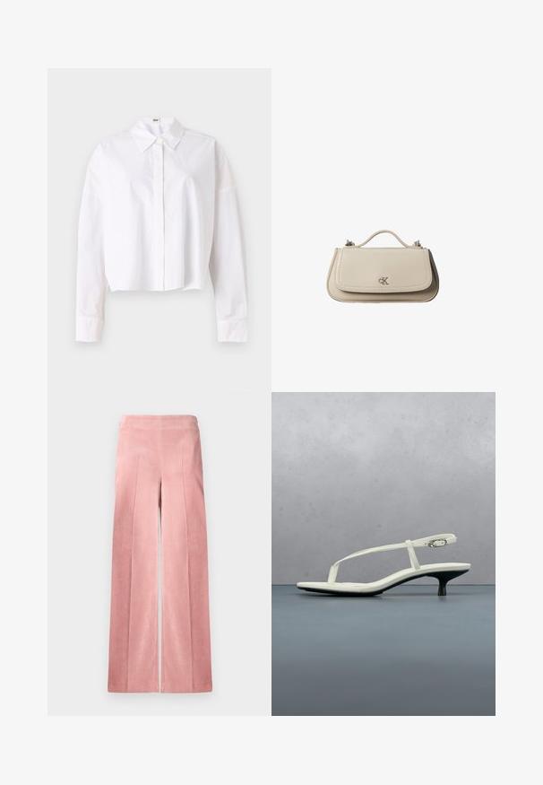 Chemise blanche courte en coton avec un col classique, un devant boutonné et des manches longues avec poignets. Texture lisse, design simple.; Pantalons en velours côtelé rose pâle à jambe large, avec des côtes verticales et une taille ajustée. Texture lisse avec une silhouette décontractée.; Sandale blanche à talon kitten avec des lanières et un bout pointu, flottant au-dessus d'un sol en carrelage en bois en plein air avec un arrière-plan flou de plante et de mur.; Petit sac à main en cuir beige avec poignée supérieure et logo CK argenté sur le rabat avant, présenté sur fond blanc.