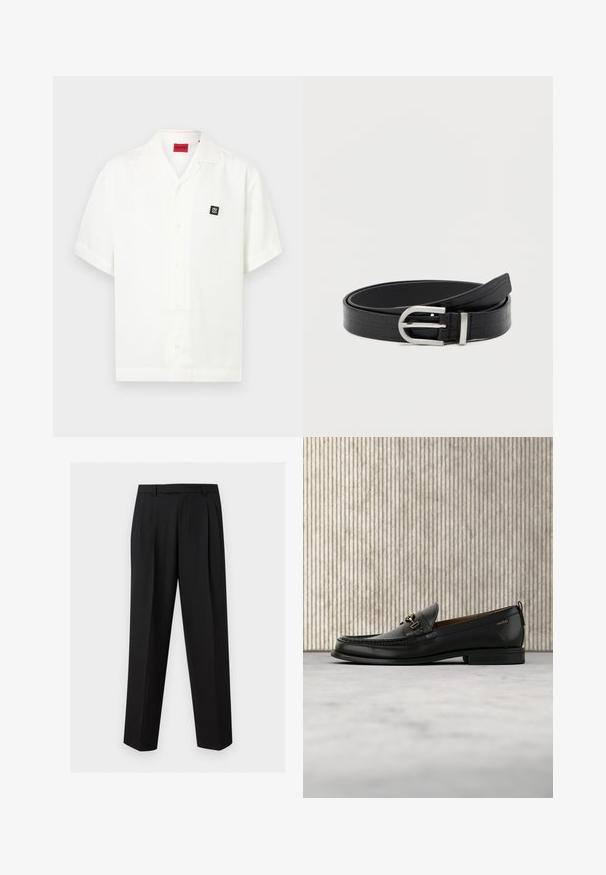 Chemise blanche à manches courtes avec col ouvert, écusson carré noir avec logo sur la poitrine et étiquette de marque rouge à l'intérieur du col.; Pantalon noir sur mesure avec jambes droites, plis à la taille, passants de ceinture et poches latérales fendues, présenté sur un fond uni.; Mocassin en cuir noir avec mors en métal doré et logo "HUGO", présenté sur un tapis beige et un meuble translucide marron.; Ceinture en faux cuir noir avec texture crocodile et boucle ronde en argent, enroulée sur un fond blanc uni.