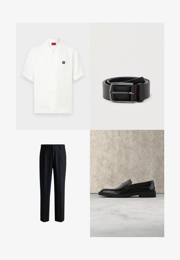 Chemise blanche à manches courtes avec col ouvert, écusson carré noir avec logo sur la poitrine et étiquette de marque rouge à l'intérieur du col.; Pantalons noirs en tissu lisse, avec une coupe droite, des plis à l'avant et une fermeture à bouton avec passants de ceinture.; Mocassin en cuir noir poli flottant au-dessus d'un tapis beige avec un mobilier translucide orange en arrière-plan.; Ceinture en cuir noir avec une boucle argentée et des coutures rouges, enroulée sur un fond clair uni.