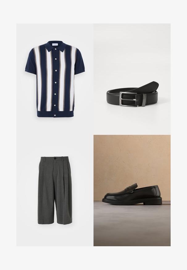 Kurzarm-Poloshirt mit navyblauem Grundton und vertikalen Streifen in Weiß und Beige. Verfügt über einen Kragen und eine Knopfleiste.; Graue, gestreifte, weitgeschnittene Shorts mit einem Knopfverschluss und plissiertem Vorderteil. Aus einem strukturierten Stoff gefertigt und mit einem maßgeschneiderten Design.; Schwarzer Lederschuh ohne Schnürsenkel schwebt über einem beigen gewebten Teppich, im Hintergrund ein runder Holztisch und ein Sofa.; Schwarzer Ledergürtel mit einer silbernen Metallschnalle, der eine glatte Oberfläche und ein klassisches Design aufweist. Der Gürtel ist ordentlich gefaltet.