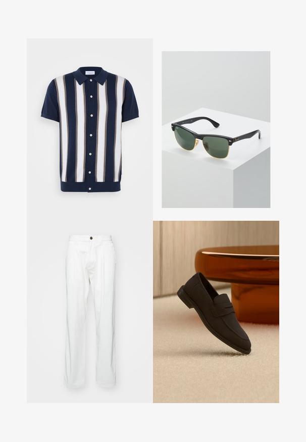 Korte mouwen polo shirt met een marineblauwe basis en verticale strepen in wit en bruin. Heeft een kraag en een knoopsluiting aan de voorkant.; Witte katoenen broeken met een relaxed fit, met een knoopsluiting, twee voorplooien en zijzakken. Soepele textuur, geen patronen.; Zwarte leren instapper loafer zweeft boven een beige tapijt met een amberbruine ronde bijzettafel op de achtergrond.; Ray-Ban zonnebrillen met groene lenzen, zwarte plastic monturen en gouden accenten aan de randen. Vierkante vorm met een matte afwerking.