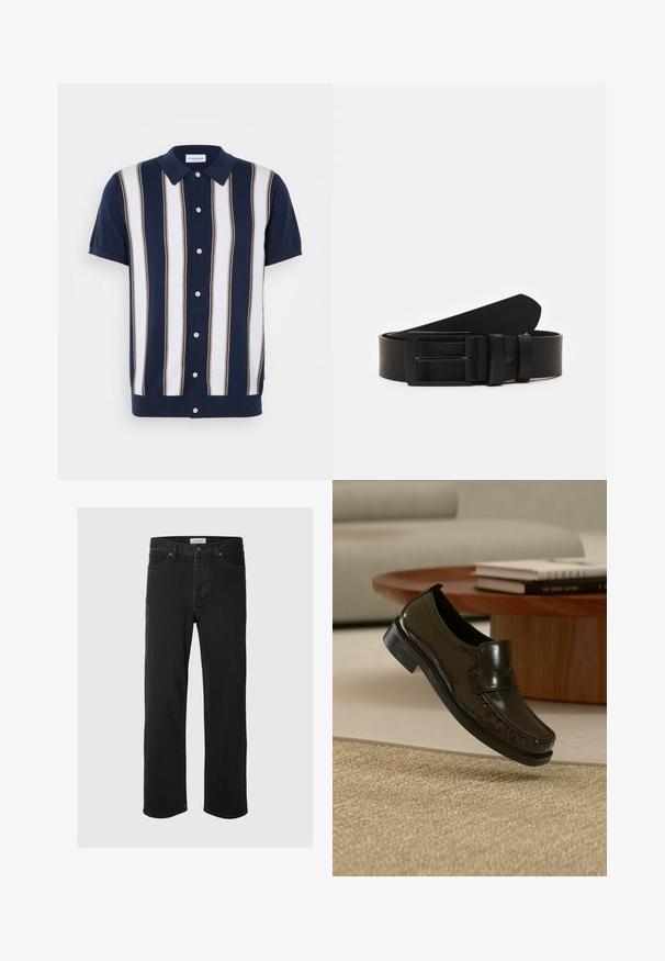 Kurzarm-Poloshirt mit navyblauem Grundton und vertikalen Streifen in Weiß und Beige. Verfügt über einen Kragen und eine Knopfleiste.; Schwarze Denim-Jeans im Straight-Leg-Schnitt verfügen über ein klassisches Fünf-Taschen-Design mit Knopfverschluss, minimaler Naht und einer weichen Textur.; Schwarzer Leder-Slipper, der über einem beigen gewebten Teppich mit einem hölzernen Couchtisch und Büchern im Hintergrund schwebt.; Schwarzledergürtel mit einer mattscharzen rechteckigen Metallschnalle und zwei Gürtelschlaufen auf weißem Hintergrund.