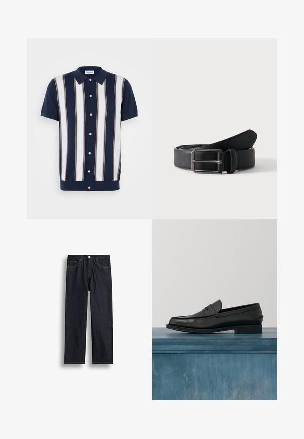 Korte mouwen polo shirt met een marineblauwe basis en verticale strepen in wit en bruin. Heeft een kraag en een knoopsluiting aan de voorkant.; Donkerblauwe recht gesneden spijkerbroek met voorvak, rits en ontwerp met vijf zakken op een witte achtergrond.; Zwarte leren loafers met een strak ontwerp, voorzien van een gestikte neus en een gladde afwerking. De schoen heeft een lage hak en minimale details.; Zwarte leren riem opgerold met een rechthoekige zilveren metalen gesp op een effen lichte achtergrond.