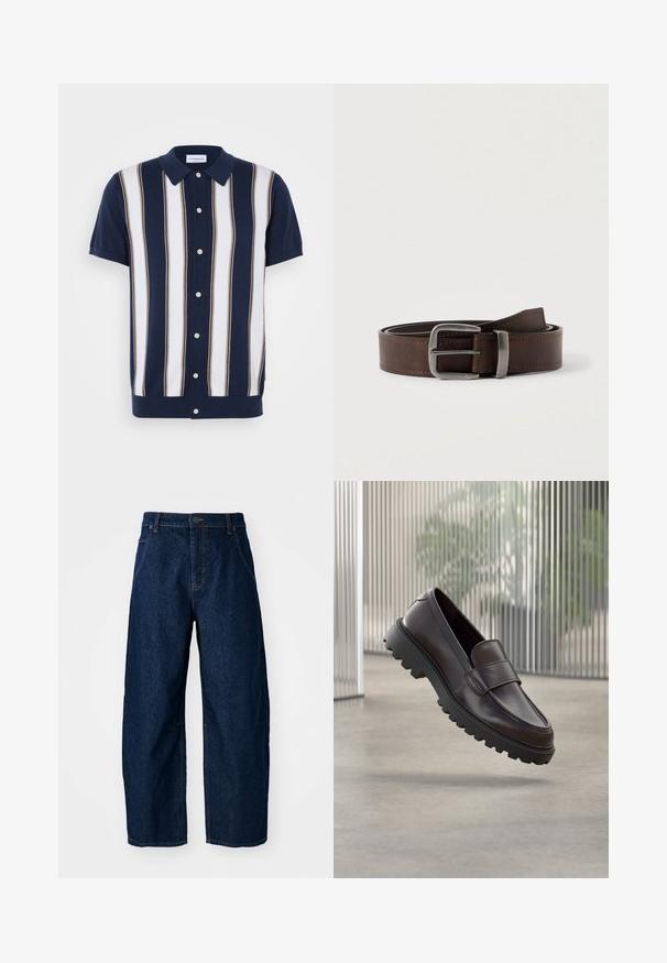 Kurzarm-Poloshirt mit navyblauem Grundton und vertikalen Streifen in Weiß und Beige. Verfügt über einen Kragen und eine Knopfleiste.; Hellebeine Jeans aus dunklem Denim mit hoher Taille, fünf Taschen, vorderem Knopfverschluss und sichtbaren Nähten.; Brauner Leder-Schlupfschuh mit abgerundetem Zehenbereich und einer robusten schwarzen Gummisohle. Verfügt über einen dekorativen Riemen über dem Spann.; Dunkelbrauner Leder-Gürtel mit silberner rechteckiger Schnalle, aufgerollt und gegen einen hellen neutralen Hintergrund platziert.