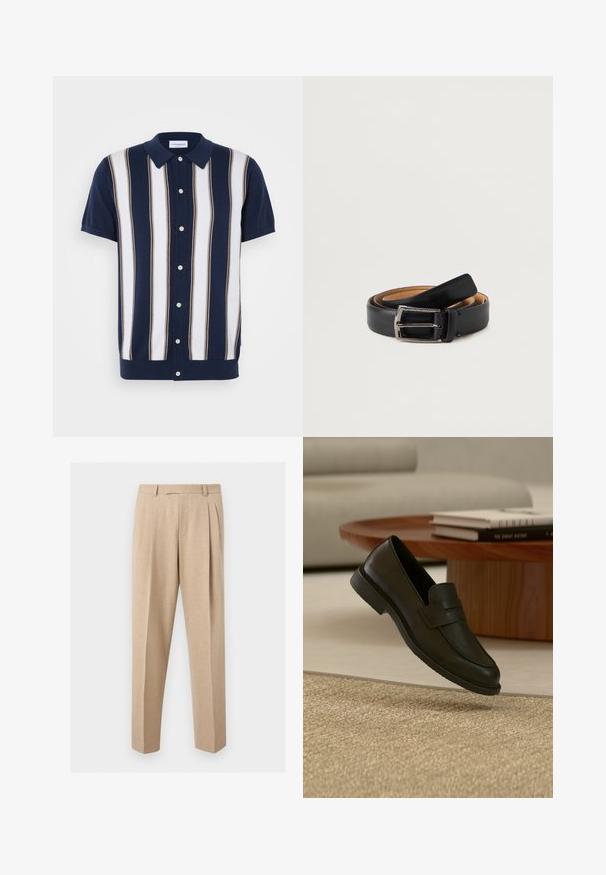 Kurzarm-Poloshirt mit navyblauem Grundton und vertikalen Streifen in Weiß und Beige. Verfügt über einen Kragen und eine Knopfleiste.; Beige maßgeschneiderte Hosen mit vorderen Falten, Gürtelschlaufen und geraden Beinen, vor einem schlichten hellen Hintergrund präsentiert.; Schwarzer Lederloafer-Schuh schwebt über einem beige gewebten Teppich, mit einem Holztisch und gestapelten Büchern in einem sanft beleuchteten Wohnzimmer.; Schwarzer Ledergürtel mit glatter Oberfläche, ausgestattet mit einer rechteckigen Schnalle in Silberoptik und einem kontrastierenden braunen Innenfutter.